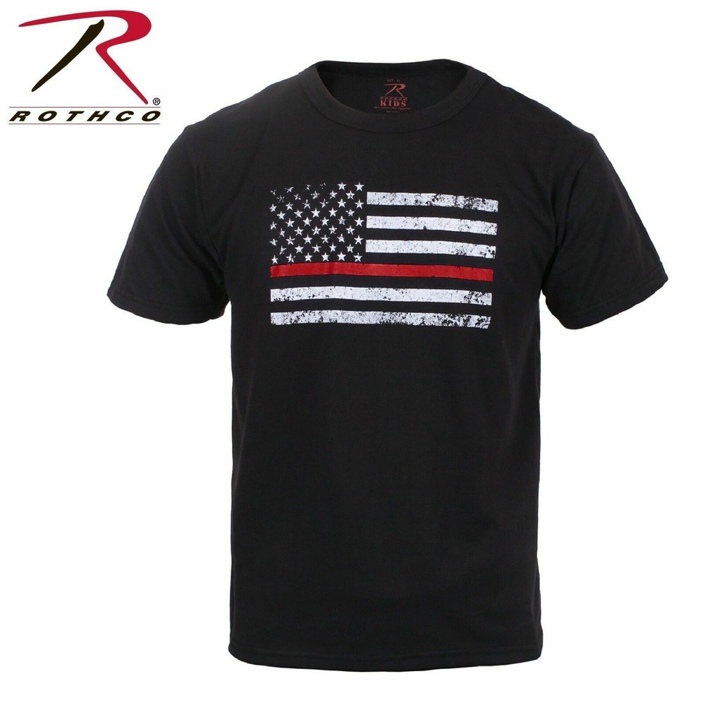 Kids THIN RED LINE T-Shirt – Black w/Red Line Flag -ROTHCO 6868 Distressed Flag