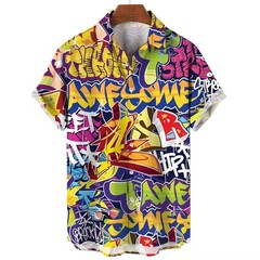 Mens Button Down Shirts Graffiti Printed Hawaiian Colour Top Summer Gift Shirt