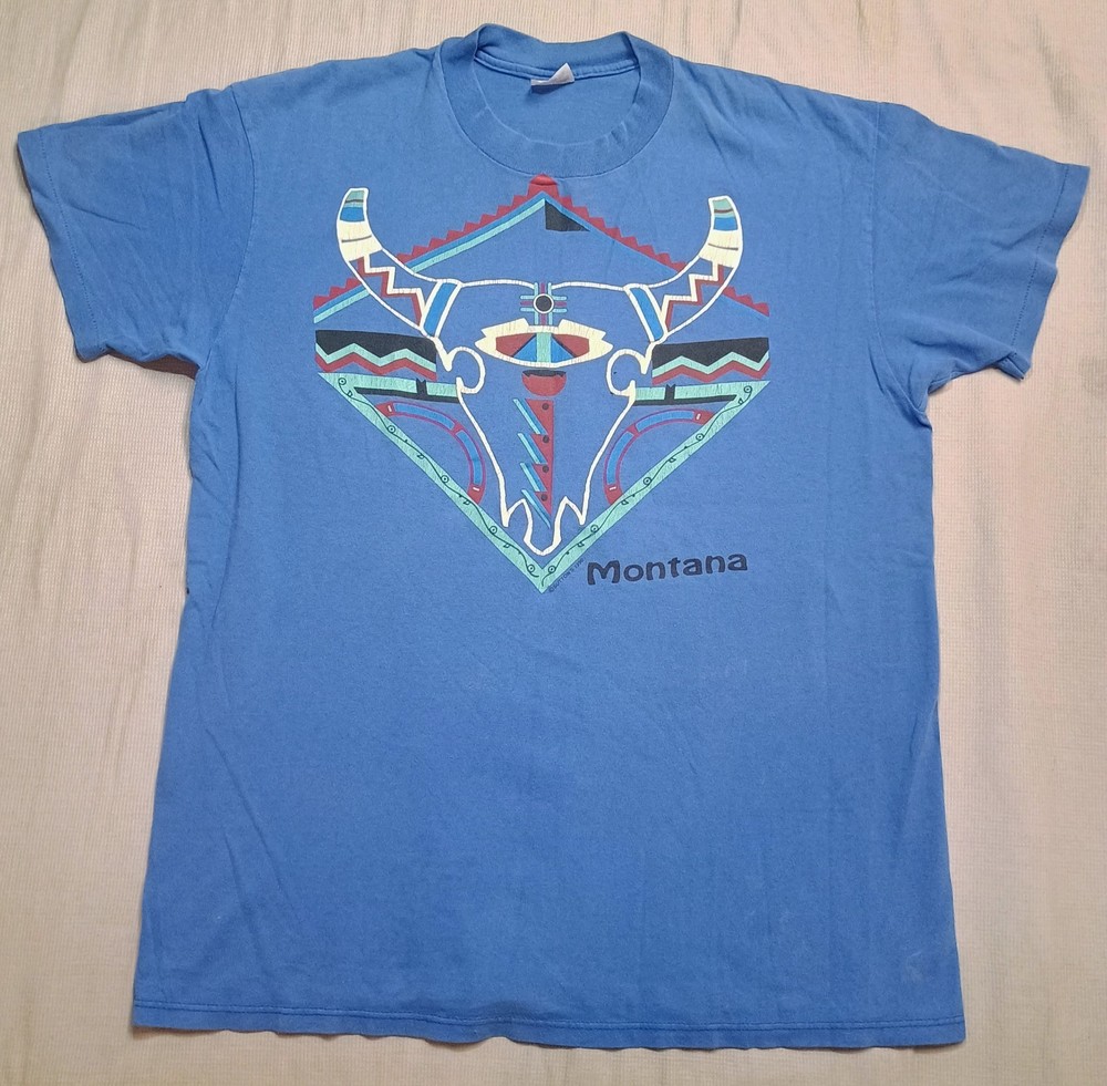 Vintage 90s Montana T-Shirt Single Stitch Size XL Native American Animal Skull