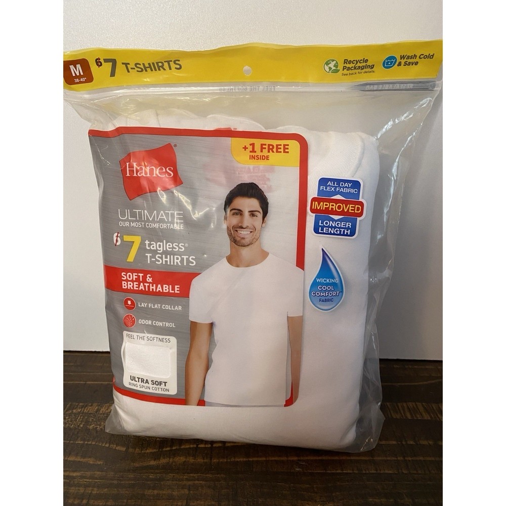 Men’s Hanes Size Medium Pack Of 7 Tagless Ultra Soft White T Shirts New 2019
