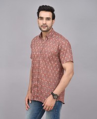 Mens 100% Organic Cotton Short Sleeve Shirt, Hand Printed Shirt Men