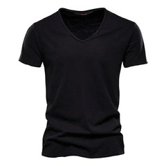 2025 Brand Quality 100% Cotton Men T-shirt V-neck Fashion Design Slim Fit Soild