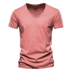 2025 Brand Quality 100% Cotton Men T-shirt V-neck Fashion Design Slim Fit Soild