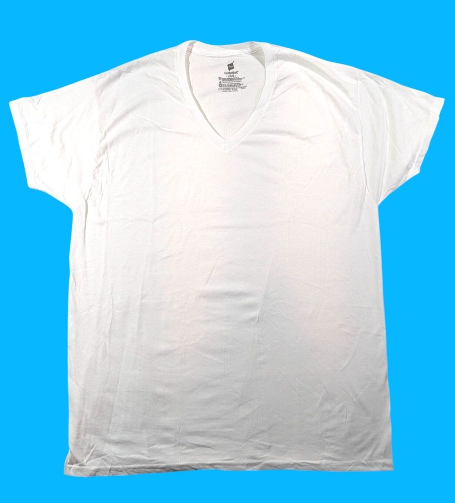Hanes ComfortSoft White V-Neck T-Shirt Large 100% Cotton NWOT