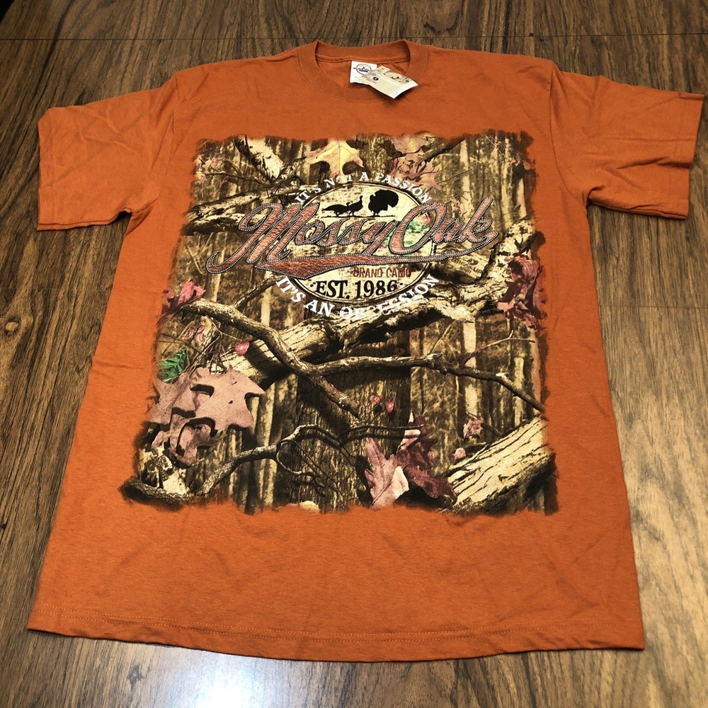 Mossy Oak Camo Design Burnt Orange T-Shirt Size L 3D Logo Spellout NWT Fall