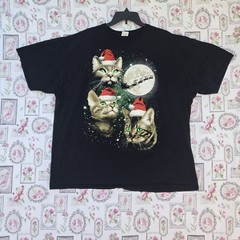 Christmas Space Cats T-Shirt Santa Hats Sleigh Moon Galaxy Black Graphic Tee 3XL