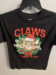 Holiday Time Black Christmas Cat Wreath Print Tee Shirt Size Small