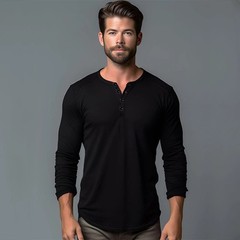 Men’s Shirt Cotton Henley Neck T-Shirts Long Sleeve Casual Button Plain 25% OFF
