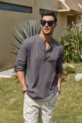 Men’s Cotton Hemp Long Sleeve Casual Beach Henley Shirt(GREY,L)