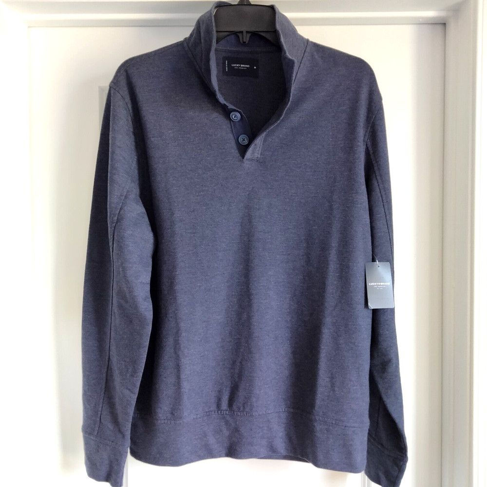 NWT M Men’s Lucky Brand Blue Button Neck French Terry Lined Knit Shirt NEW