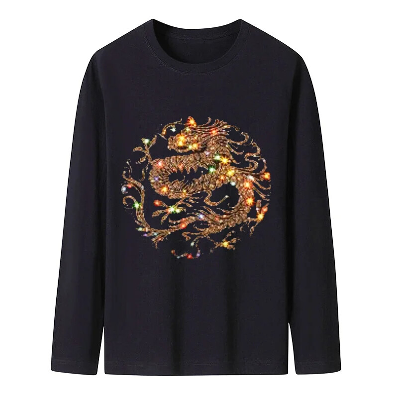 Fashion Dragon Rhinestones Diamond Long Sleeve Luxury Men Trend Cotton T-Shirt