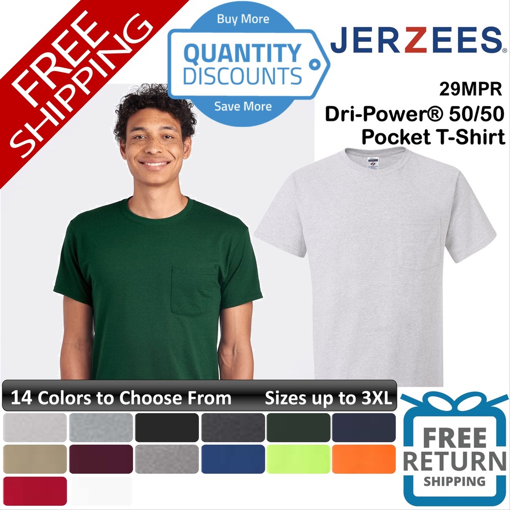 🔥 Jerzees Men Dri-power 50/50 Short Sleeve Chest Pocket T-shirt Up To 3XL 29mpr