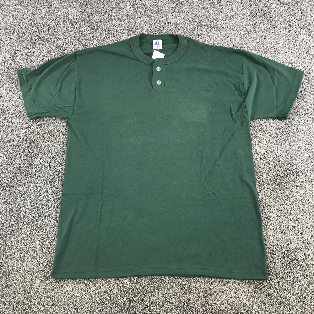 Vintage Russell Athletic Mens Medium Dark Green Short Sleeve Henley NuBlend