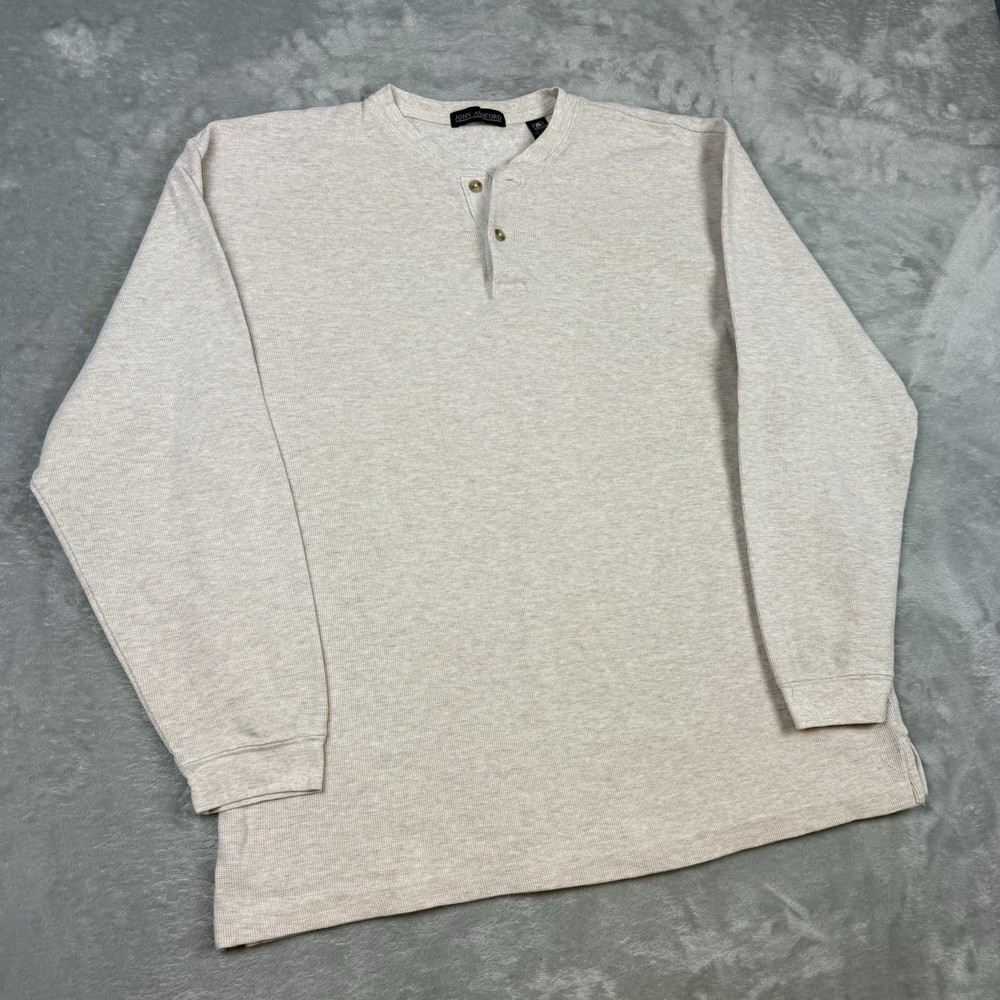 Vintage John Ashford Thermal Henley Shirt Beige Long Sleeve Waffle Knit Large