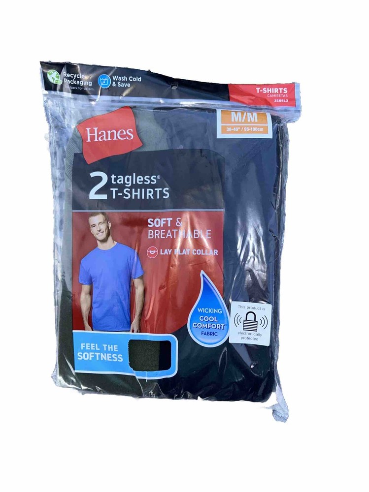 M 38-40” Hanes Mens 2 Tagless T-Shirts Wicking Cool Comfort Black/green Crew Nec