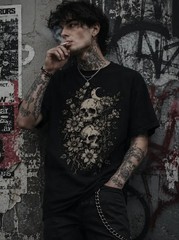 Vintage Floral Skull Graphic T-Shirt Gothic Botanical Halloween Tee