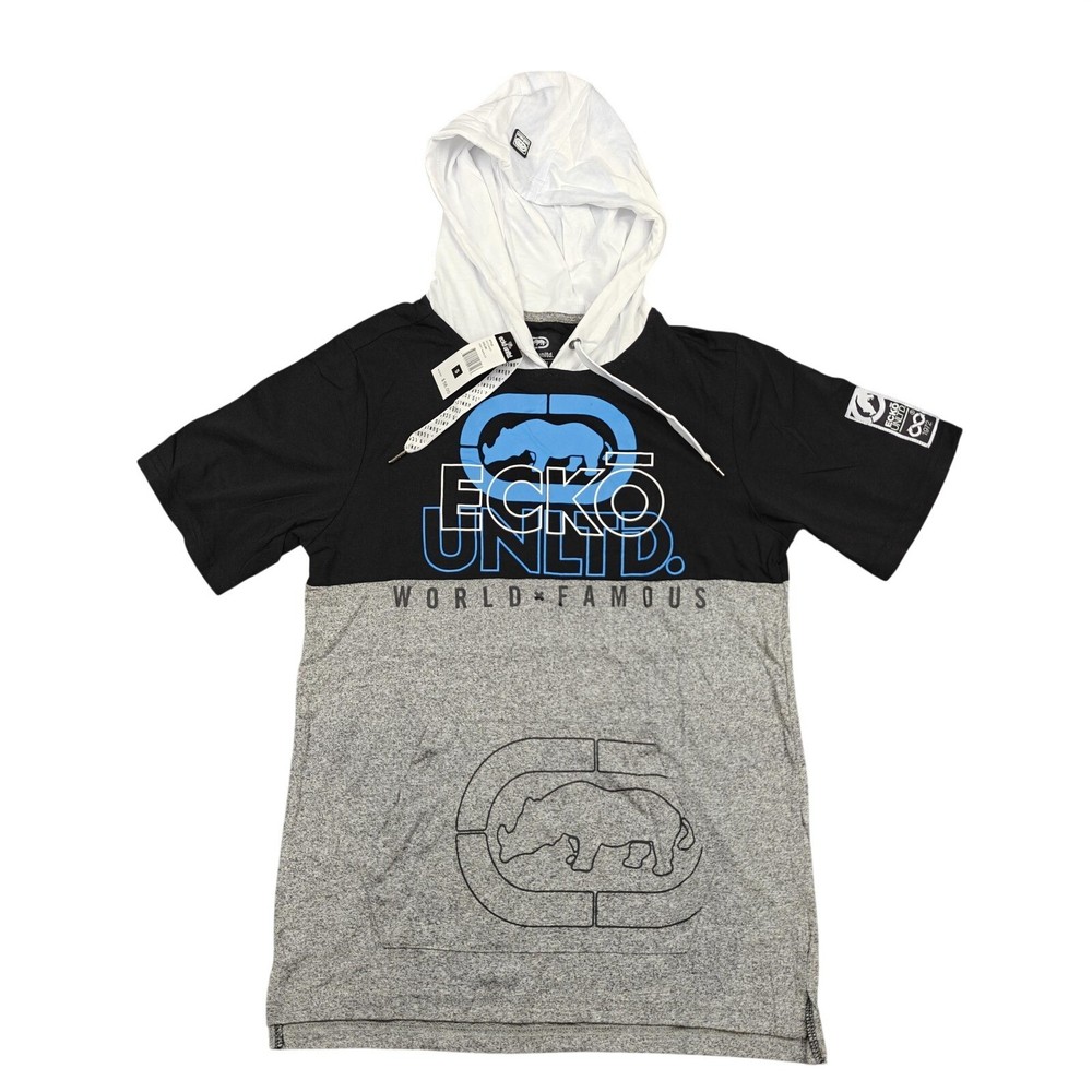 Ecko Unltd Hooded Shirt Mens Small Grey Marled Rhino Graphic Tee Colorblock New