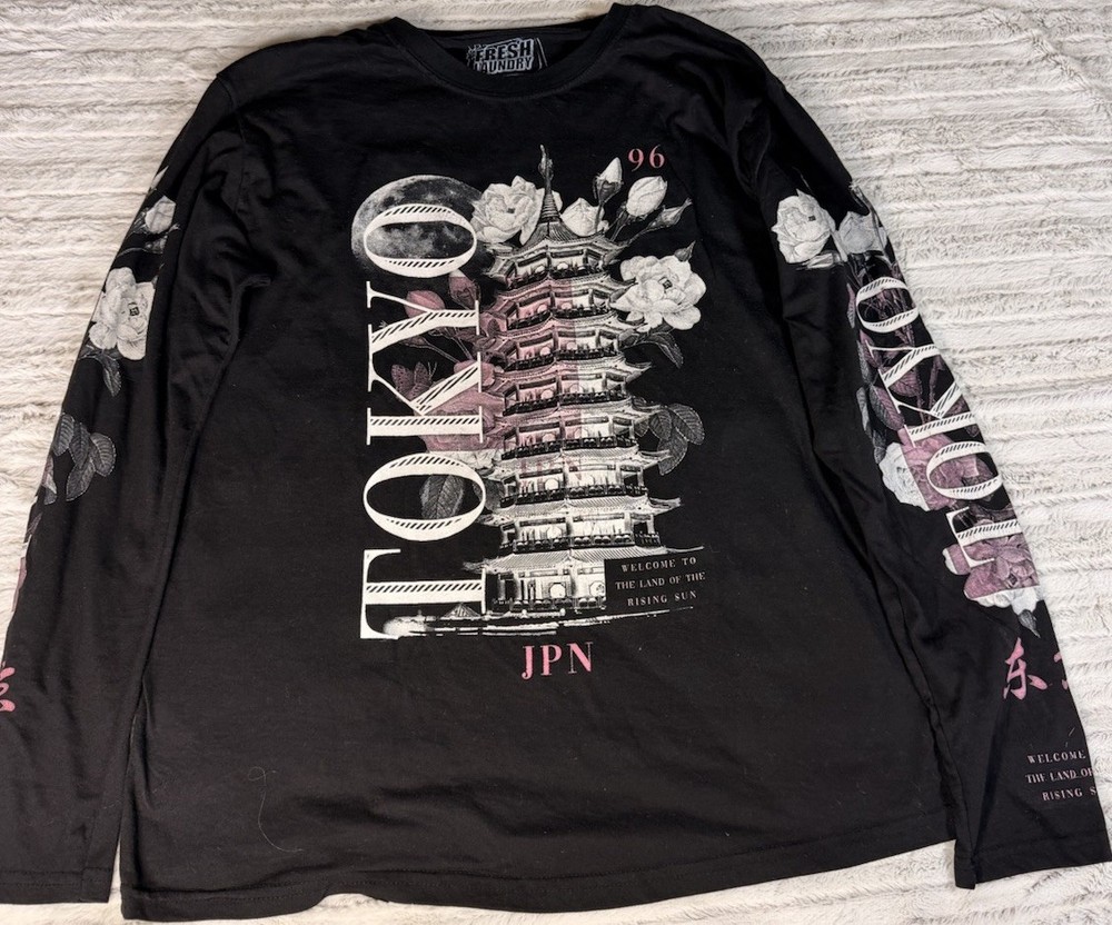 Fresh Laundry Tokyo Japan Graphic Shirt Men’s Large Black Floral Long Sleeve