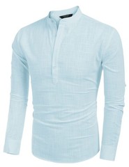 Men’s Cotton Hemp Long Sleeve Casual Beach Henley Shirt(Blue,3XL)