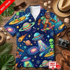 Bigfoot Alien UFO Space Hawaiian Shirt Men Blue Galaxy Aloha Button Down Party