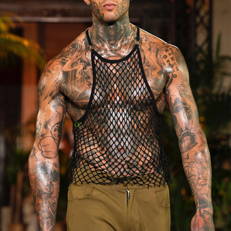 Sexy Slim Hollowed Out Fishnet Vest Men’s Loose Suspender T Shirt Tank Top Tees