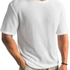 Mens Summer T Shirt Casual Ribbed Crew Neck Short Sleeve Solid Color Tee Top
