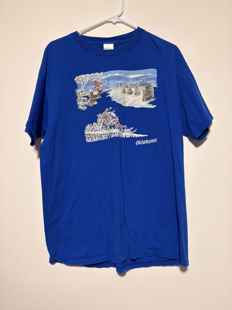 Oklahoma Shirt Mens Large Blue Delta Pro Weight Winter Scene Graphic Tee Cotton