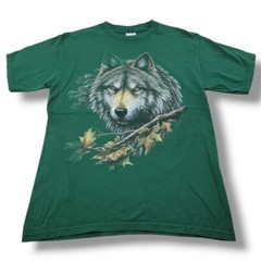 90s Vintage Anvil Shirt Size Medium Nature Tee Wolf Graphic Print T-Shirt Green