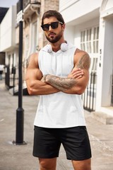 Men’s Workout Hooded Tank Tops Bodybuilding Muscle T Shirt Sleeveless Gym Hoo…