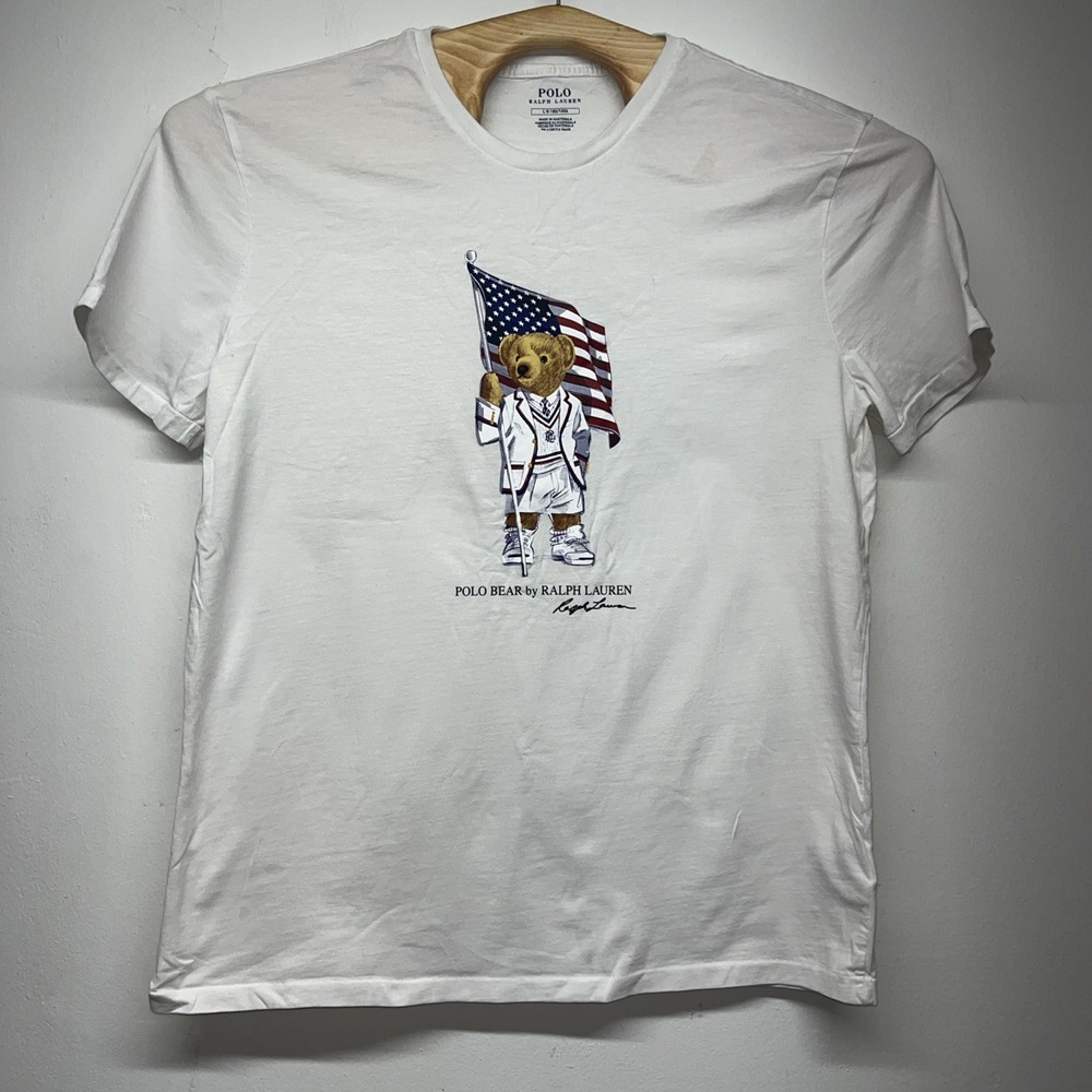 Polo Ralph Lauren Men’s Size Large White T-Shirt Polo Bear American Flag Cricket