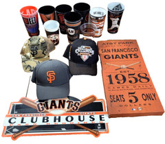 Lot of 18 San Francisco Giants Items 3 Hat, 13 Cups 2 Signs 2010 2017 2019 AT&T