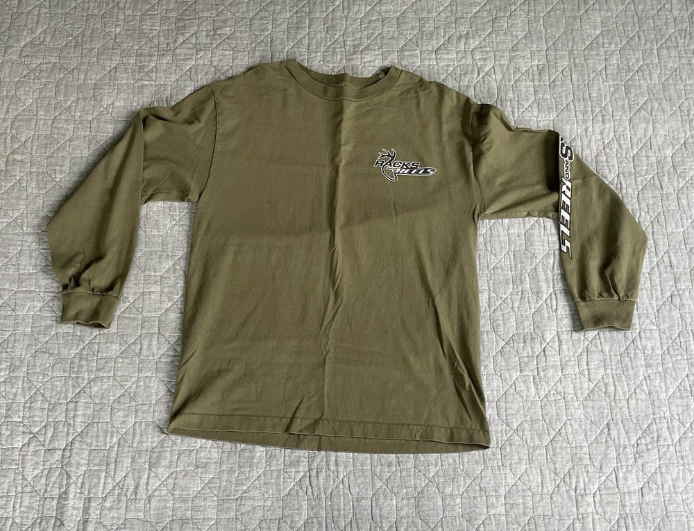 Racks and Reels Green Long Sleeve Crew Neck Graphic T-Shirt Men’s M Cotton