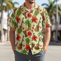 Hawaii Island Mens Ukulele Music Print Hawaiian Shirt Cotton Blend Pleated Top