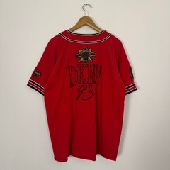Vintage 90s DKNY Patchwork Baseball Jersey Button Up Shirt Streetwear Sportswear