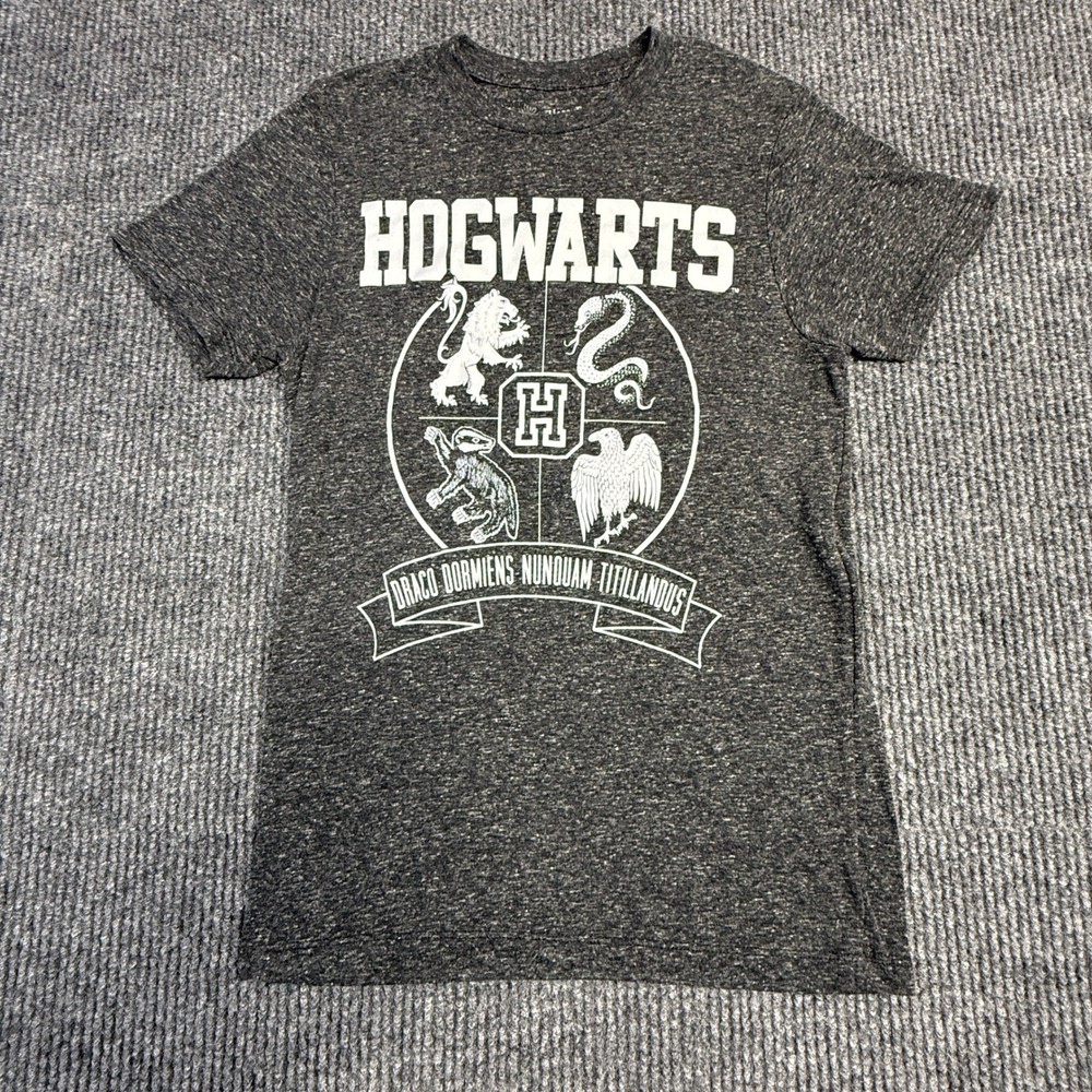 Harry Potter Hogwarts Crest Graphic T-Shirt Gray Linen Blend Mens Small S