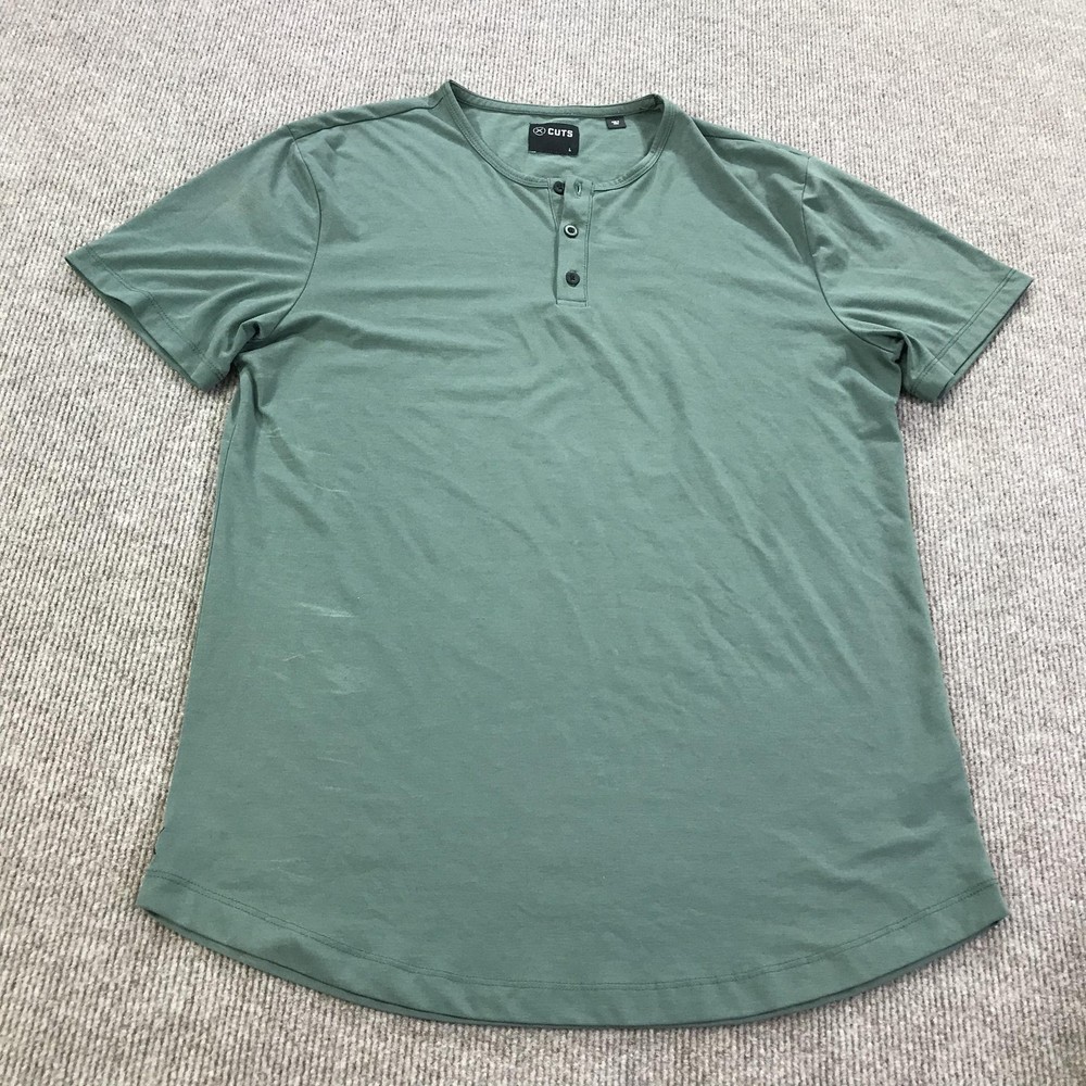 CUTS Henley Shirt Mens Large Green PYCA Pro Stretch Curved Hem Tee Soft Casual