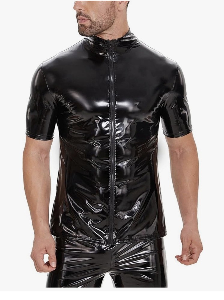Men’s Sexy Leather Shirt Glossy Full Zipper Short Sleeve Shiny Male Medium
