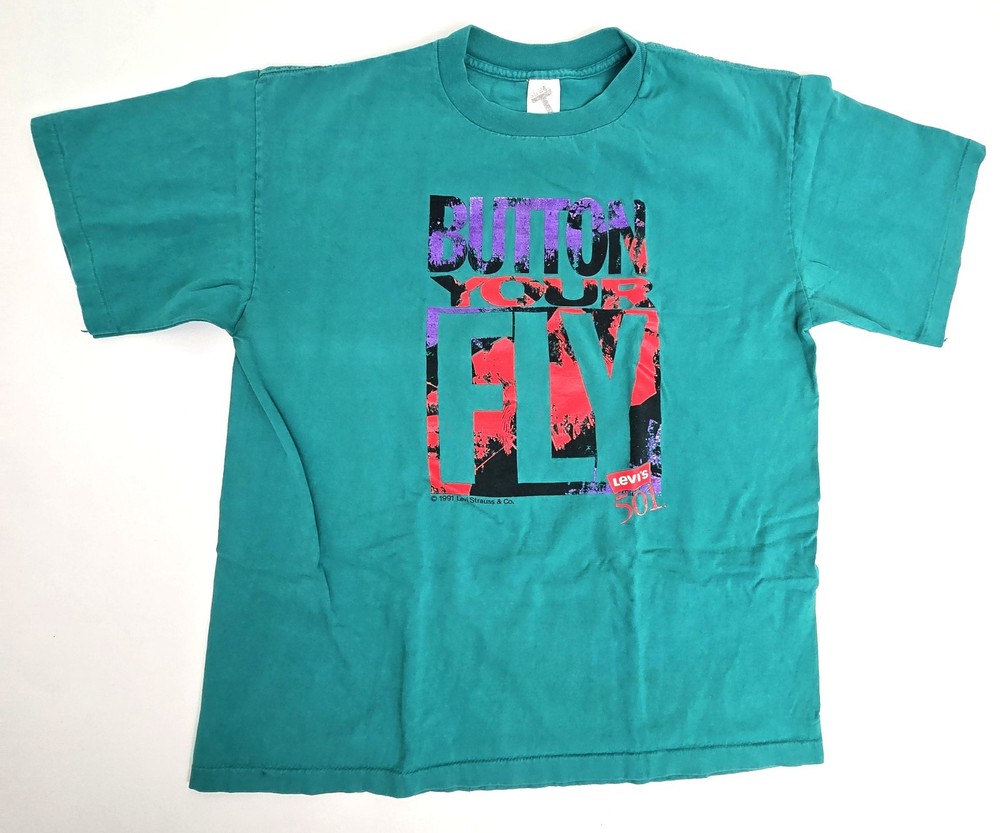 Vtg Levis Shirt Mens Lg Teal Button Your Fly 501 Graphic Tee 90s single stitch