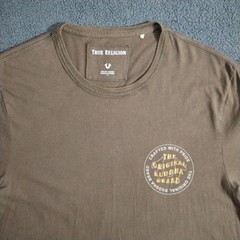 True Religion T Shirt Mens L Khaki Brown Wavy Buddha Logo Gold Graphic Print S/S