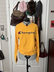 Champion Mens Long Sleeve T-Shirt Mustard Yellow Embroidered Script Logo Large