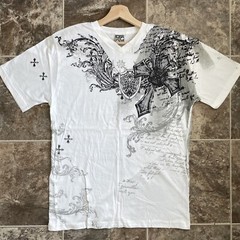 VTG ODM Men’s Faith V-Neck XL T-Shirt Cross Graphic Tee Affliction Style Y2K