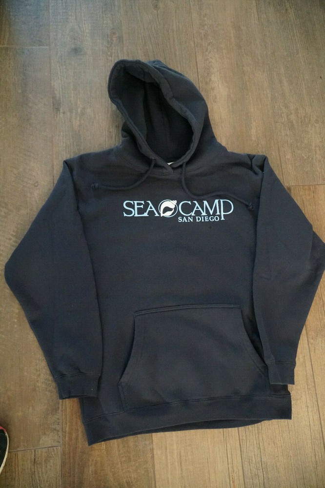Adult Size Large, Navy Blue SEACAMP San Diego Logo Hooded Sweatshirt, Unisex