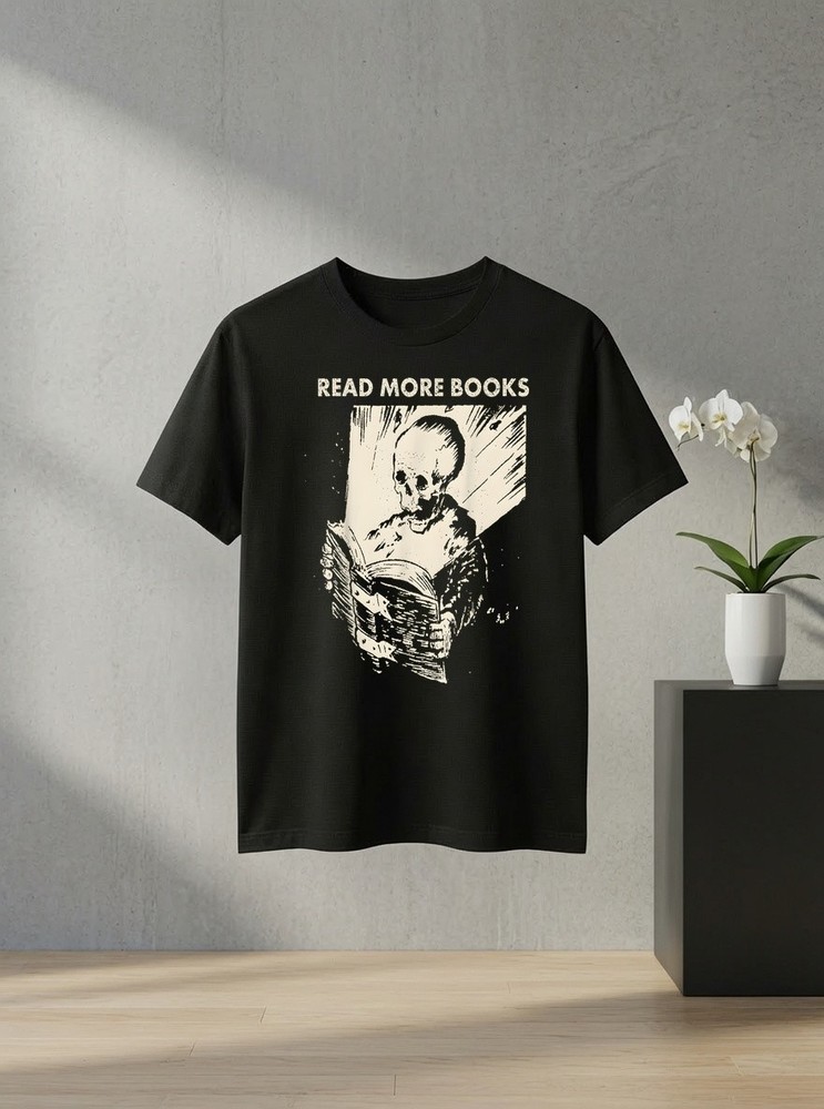 Unisex Skeleton Read More Books Book Lover Graphic T Shirt Gift Reading Tee