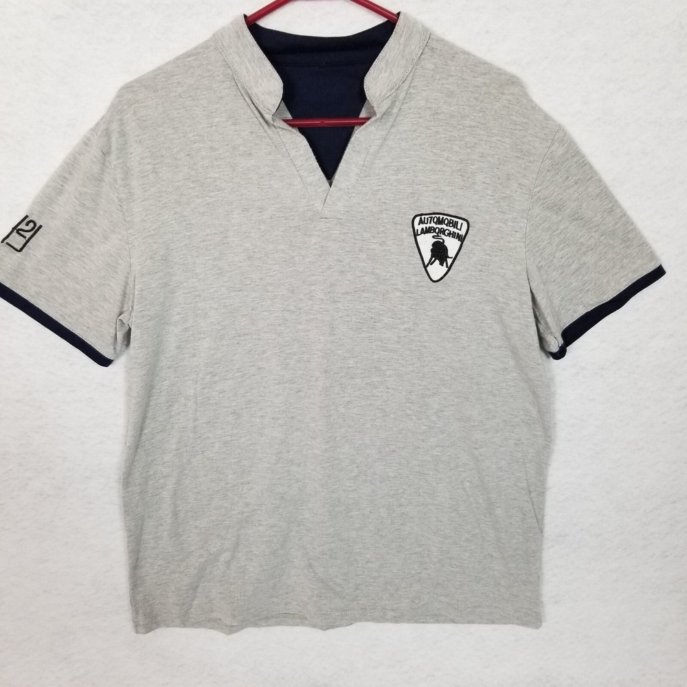 AUTOMOBILI LAMBORGHINI H2J V-Neck Embroidered Logo Banded Collar Shirt Gray