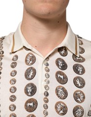 DOLCE & GABBANA T-shirt Silk Ivory Coin Print Logo Men Polo IT46/US36/S 1500usd