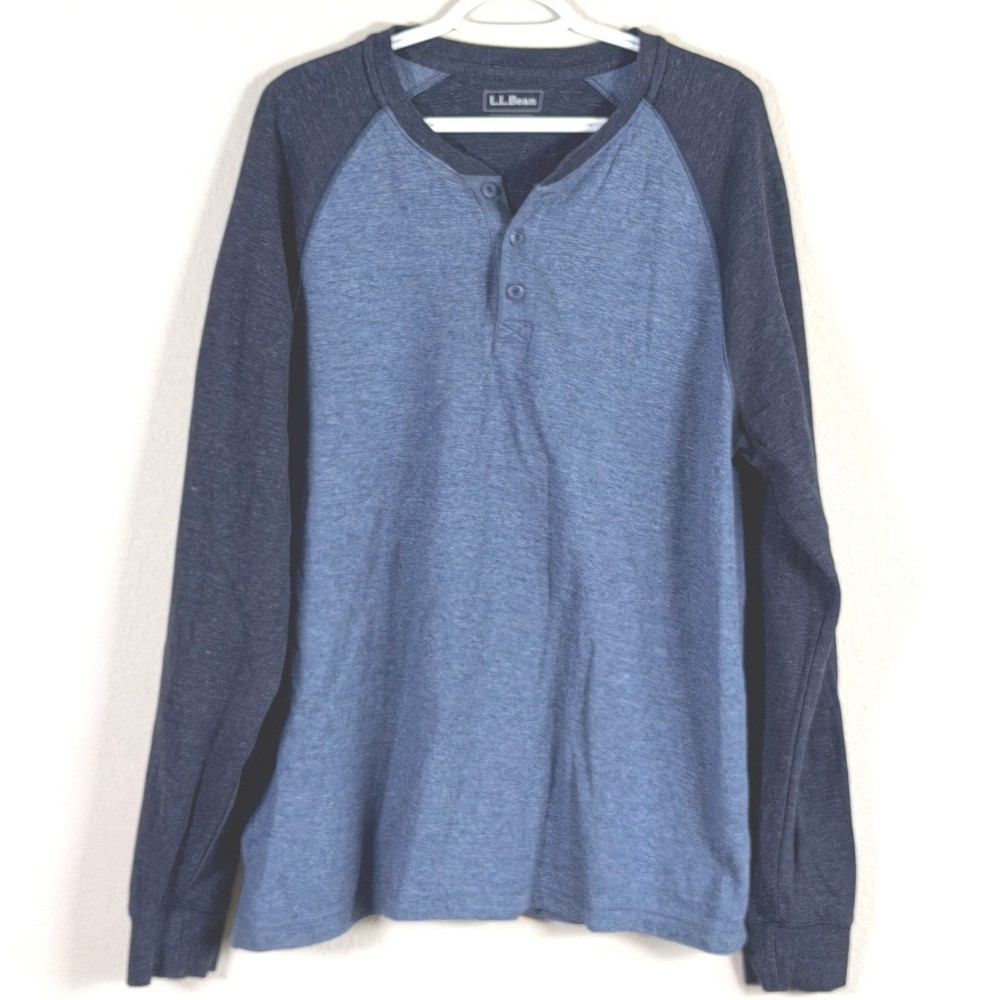 LL Bean Henley Shirt Mens L Blue Raglan Long Sleeve Slightly Fitted 507469