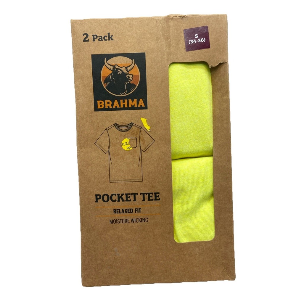Brahma T-Shirt Small 34-36 Yellow Pocket Tee 2 Pack Relaxed Fit Moisture Wicking