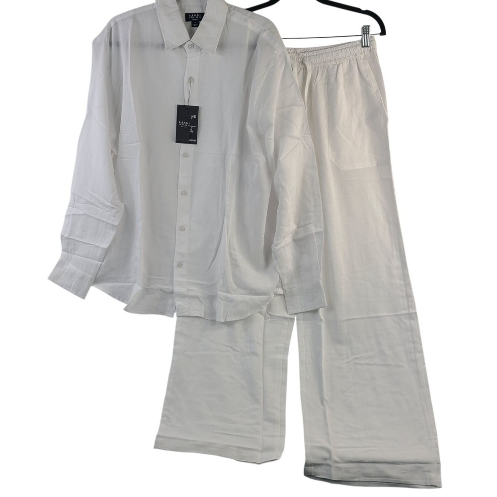 NEW BoohooMAN Super Oversized Linen Blend Shirt & Baggy Trousers White Sz M