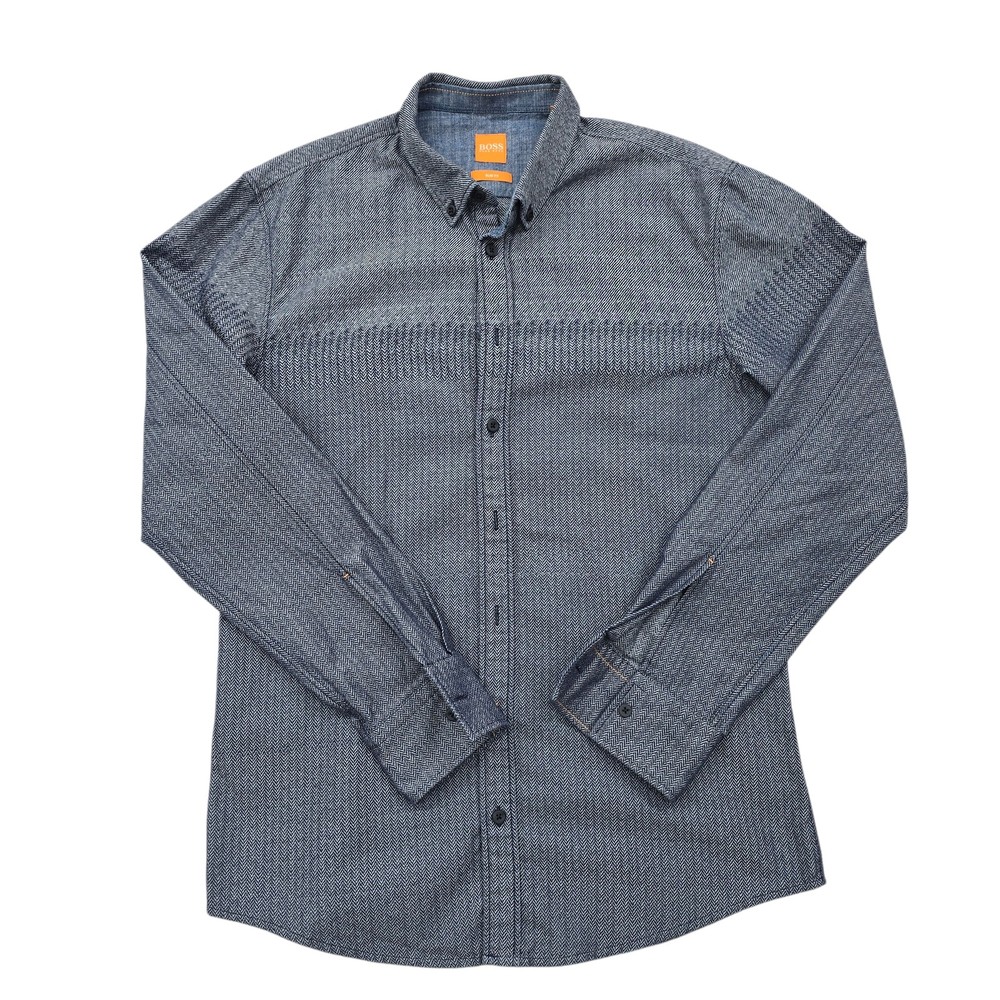 Hugo Boss Men’s Blue Textured Slim Fit L Long Sleeve Button-Up Shirt