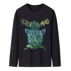 Fashion Leopard Rhinestones Diamond Long Sleeve Luxury Men Trend Cotton T-Shirt